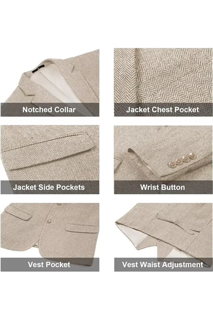 Men's Retro Tweed Herringbone 3 Piece Suit